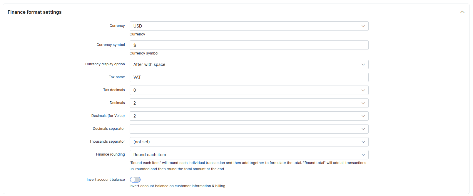 Finance format settings