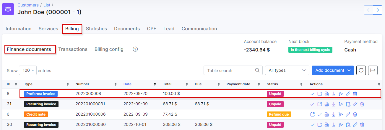 proforma invoices list