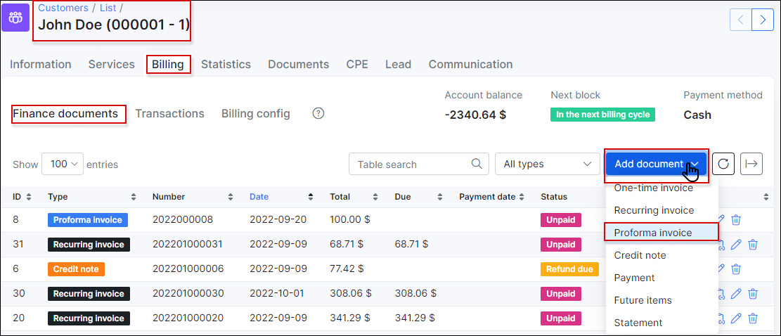 Create proforma invoice manually