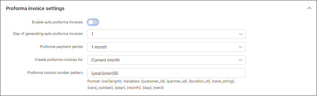 Proforma invoice settings